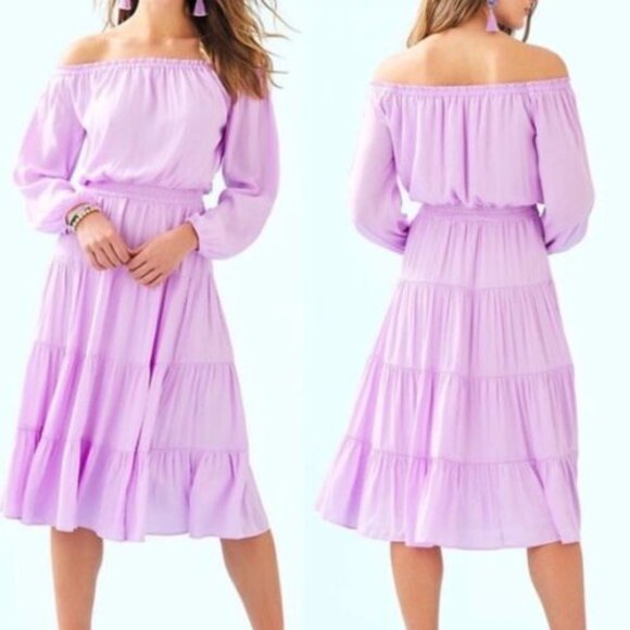 Lilly Pulitzer Jennie Midi Lilac Freesia Dress Purple Dot Dot Off the Shoulder S - Picture 4 of 16